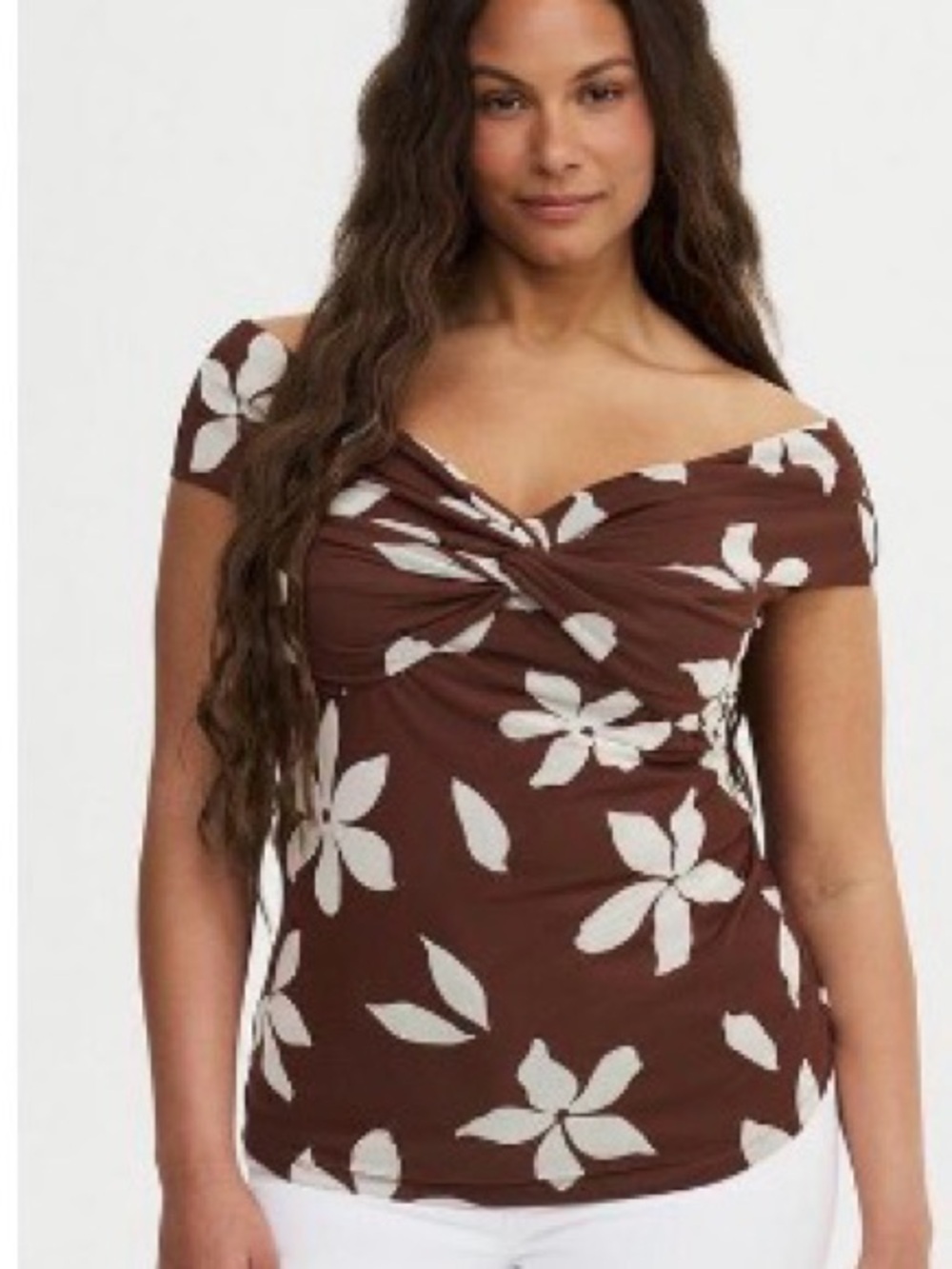 TORRID 2 MESH TWIST OFF SHOULDER TOP WHITE FLORAL